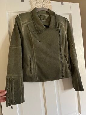 All Saints Olive Green Suede Asymmetric Moto Jacket